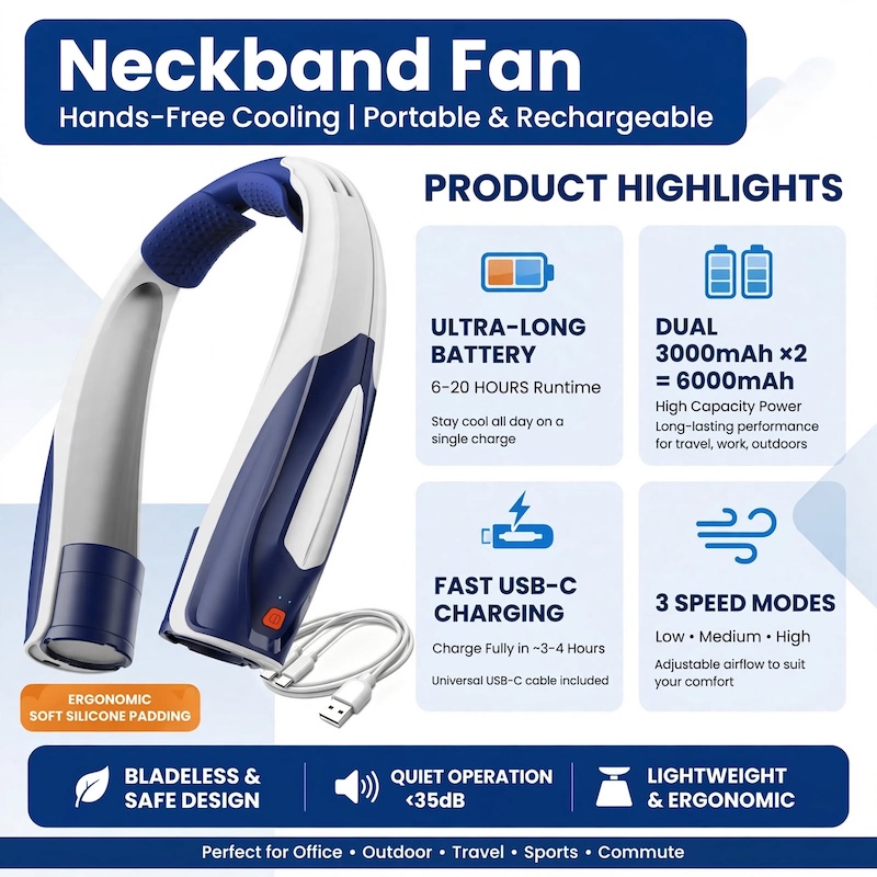 Ultra-Long Battery Life: 6-20 Hours, Dual Wind Speeds, Super Quiet Brushless Motor, 3000mAh*2, Durable USB Charging, Soft Silicone Neck Strap, Ideal for Work, Travel, Sports, and Outdoor Activities, Outdoor Sports Fan|Ergonomic Neckband Fan|Durable 8 Ultra-Long Battery Life: 6-20 Hours, Dual Wind Speeds, Super Quiet Brushless Motor, 3000mAh*2, Durable USB Charging, Soft Silicone Neck Strap, Ideal for Work, Travel, Sports, and Outdoor Activities, Outdoor Sports Fan|Ergonomic Neckband Fan|Durable - Image 8