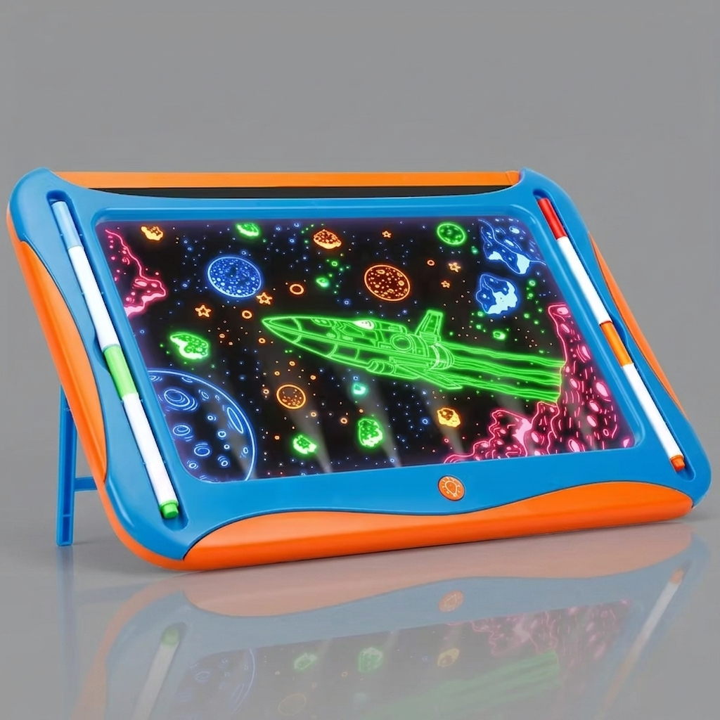 LED Light-Up Drawing Writing Doodle Board, Learning Travel Toy with 9 Double-Sided Cards, 6 Markers, Art Set, Suitable for Birthday Gifts And Christmas Gifts for Girls And Boys Aged 3-8. 2 A blue orange color LED Light Up Drawing Writing Doodle Board displayed on a clean surface with artistic neon drawings and markers nearby.