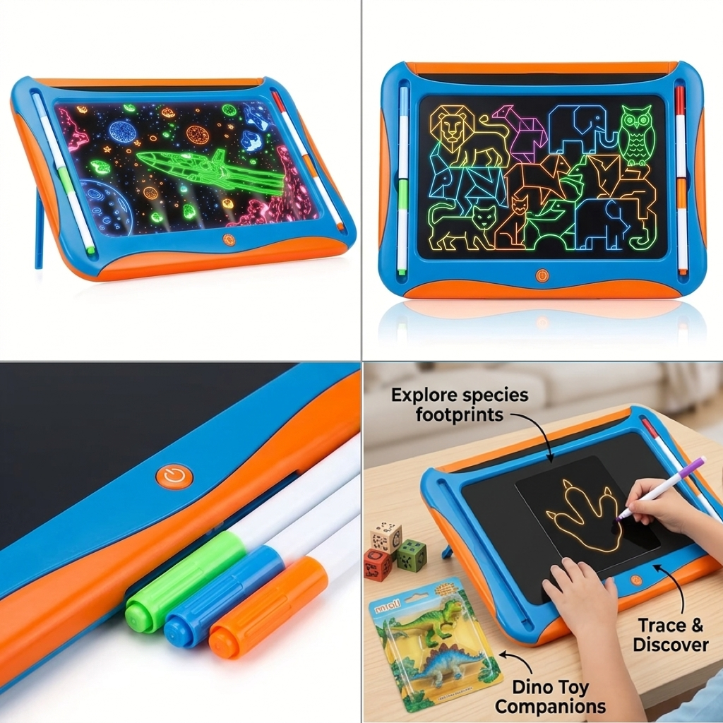 LED Light-Up Drawing Writing Doodle Board, Learning Travel Toy with 9 Double-Sided Cards, 6 Markers, Art Set, Suitable for Birthday Gifts And Christmas Gifts for Girls And Boys Aged 3-8. 4 The blue orange color LED Light Up Drawing Writing Doodle Board set arranged neatly with markers and double sided tracing cards.