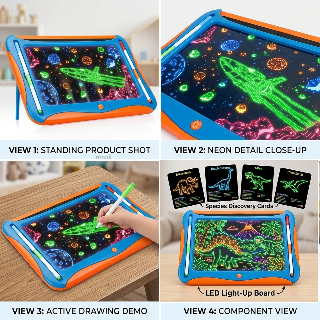 LED Light-Up Drawing Writing Doodle Board, Learning Travel Toy with 9 Double-Sided Cards, 6 Markers, Art Set, Suitable for Birthday Gifts And Christmas Gifts for Girls And Boys Aged 3-8. 3 A child using the blue orange color LED Light Up Drawing Writing Doodle Board to trace a learning card with a glowing marker.
