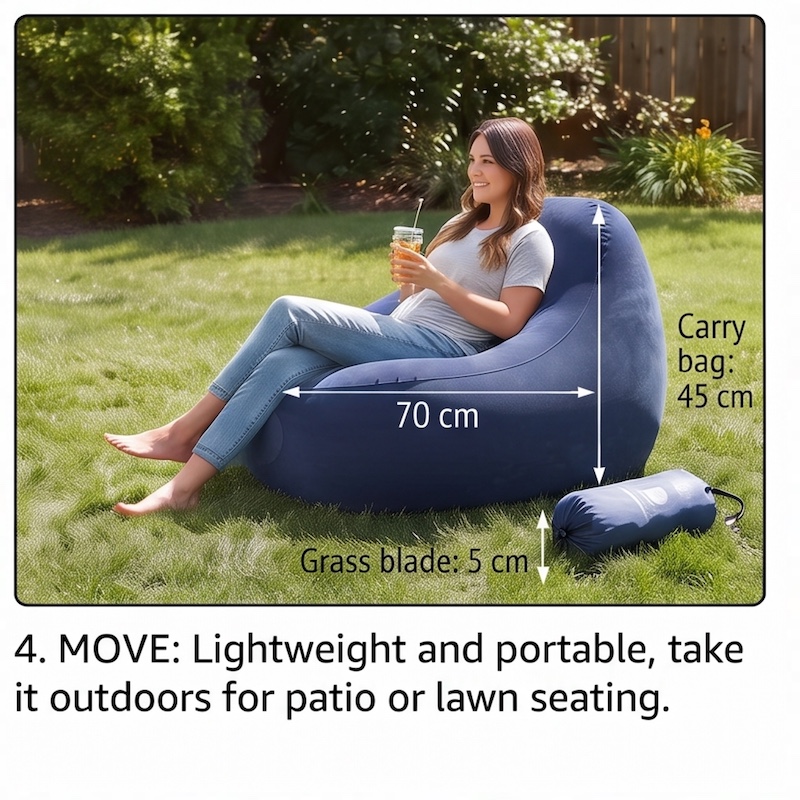 A Large Inflatable Lazy Sofa Chair, Made of PVC Bean Bag Material, Suitable for Indoor And Outdoor Seating 41 A woman sitting comfortably in a navy blue color Inflatable Lazy Sofa Chair on a sunny lawn.