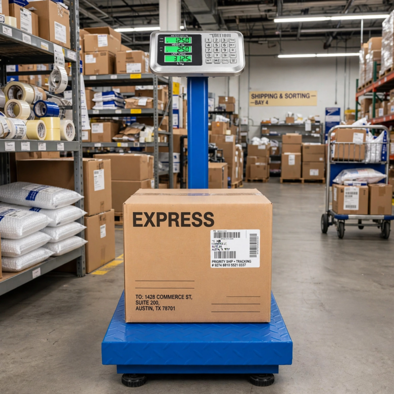 Electronic Industrial Commercial Platform Scale,Stainless Steel High-Definition LCD Display, Digital Floor Heavy Duty, Luggage Package Price Computing Postal Shipping Mailing 4 A cardboard express box placed on a blue color commercial platform scale inside a busy warehouse with storage shelves