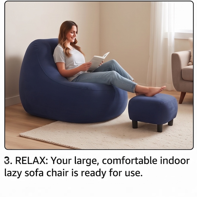 A Large Inflatable Lazy Sofa Chair, Made of PVC Bean Bag Material, Suitable for Indoor And Outdoor Seating 40 Woman reading a book in a large, navy blue color Inflatable Lazy Sofa Chair with a matching ottoman inside a bright living room.