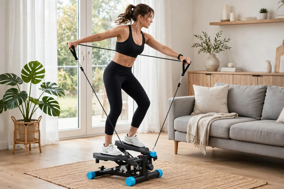 Mini Exercise Stepper with Resistance Bands - Compact Stair Stepper Machine for Home Use, Twist Motion Full Body Workout, 300LBS Capacity Portable Fitness Equipment 11 A woman exercising at home utilizing the blue color Exercise Stepper with Resistance Bands.