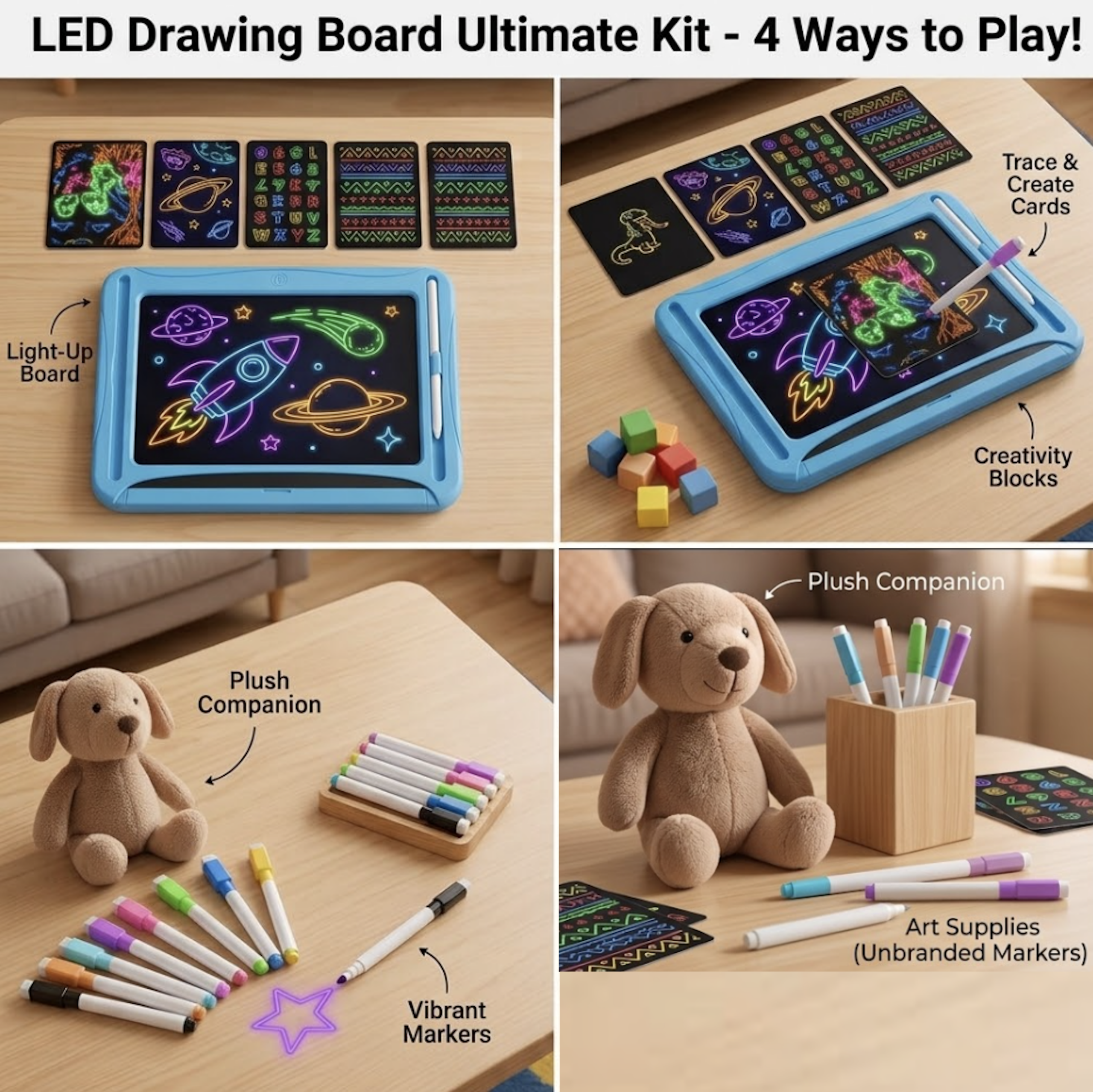LED Light-Up Drawing Writing Doodle Board, Learning Travel Toy with 9 Double-Sided Cards, 6 Markers, Art Set, Suitable for Birthday Gifts And Christmas Gifts for Girls And Boys Aged 3-8. 19 A child using the blue color LED Light Up Drawing Writing Doodle Board to trace a learning card with a glowing marker.