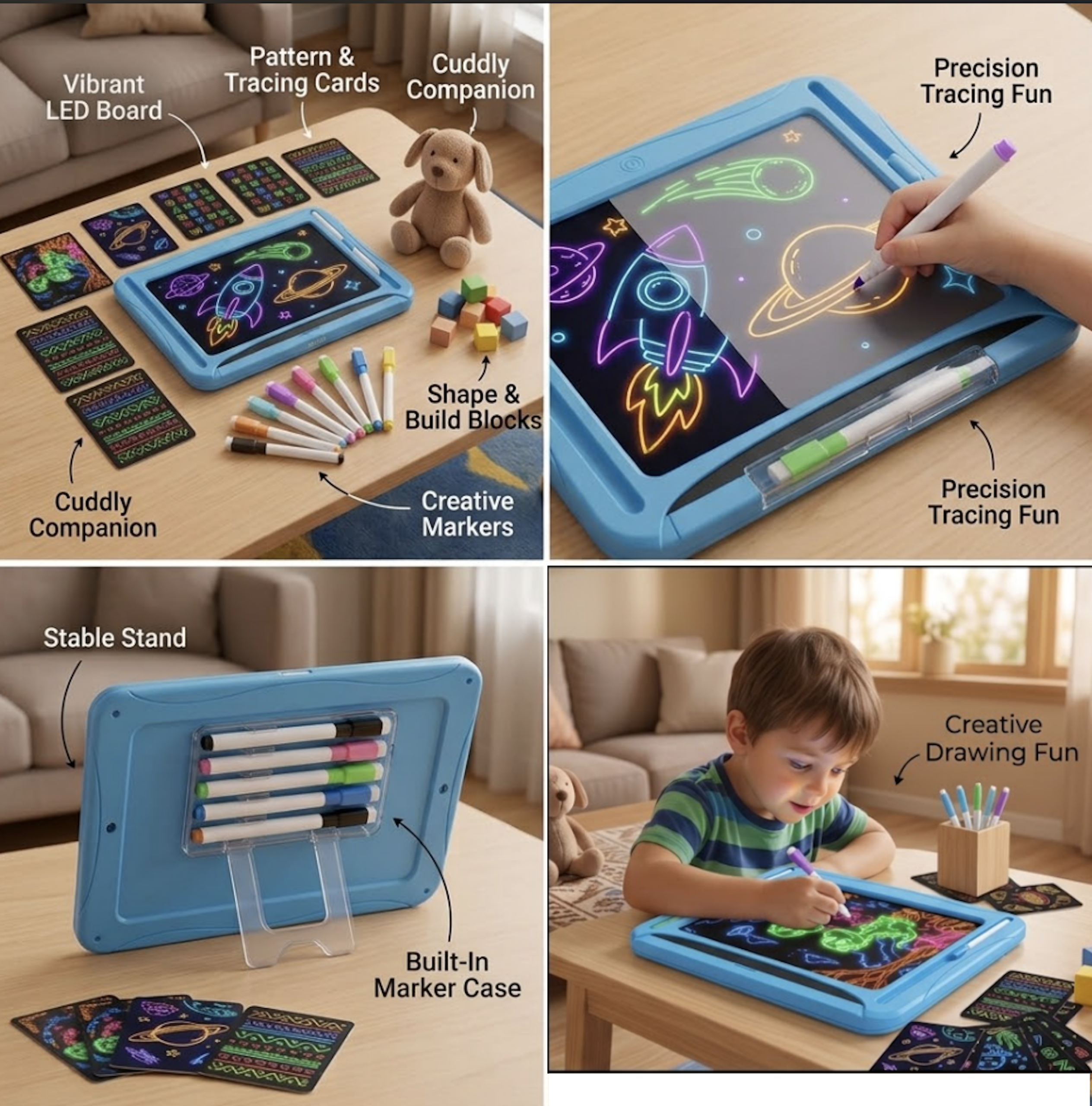 LED Light-Up Drawing Writing Doodle Board, Learning Travel Toy with 9 Double-Sided Cards, 6 Markers, Art Set, Suitable for Birthday Gifts And Christmas Gifts for Girls And Boys Aged 3-8. 5 The blue color LED Light Up Drawing Writing Doodle Board set arranged neatly with markers and double sided tracing cards.