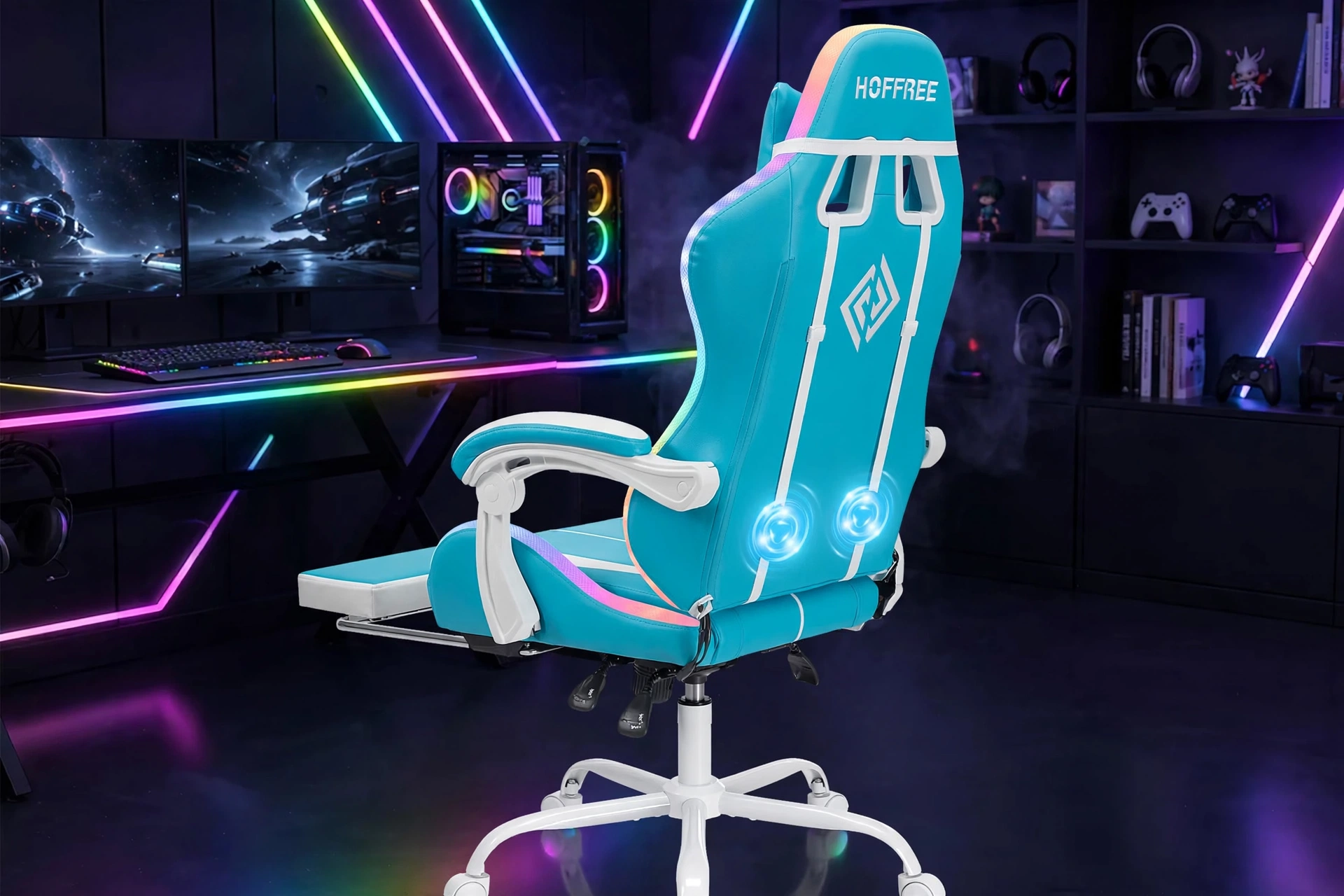 New Model 1.2 Two-Point Massage Lumbar with 135-Degree LED Light Strip 18 mrali blue white gaming chair back angle