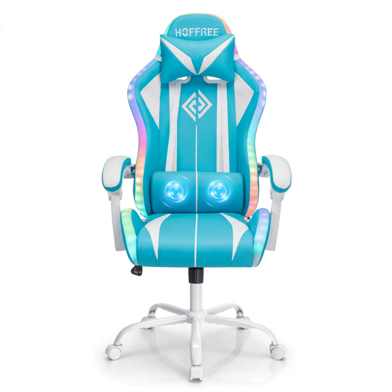 New Model 1.2 Two-Point Massage Lumbar with 135-Degree LED Light Strip 3 Studio product shot of a cyan and white Hoffree gaming chair with RGB side strips and a 1.2 Two-Point Massage Lumbar cushion.