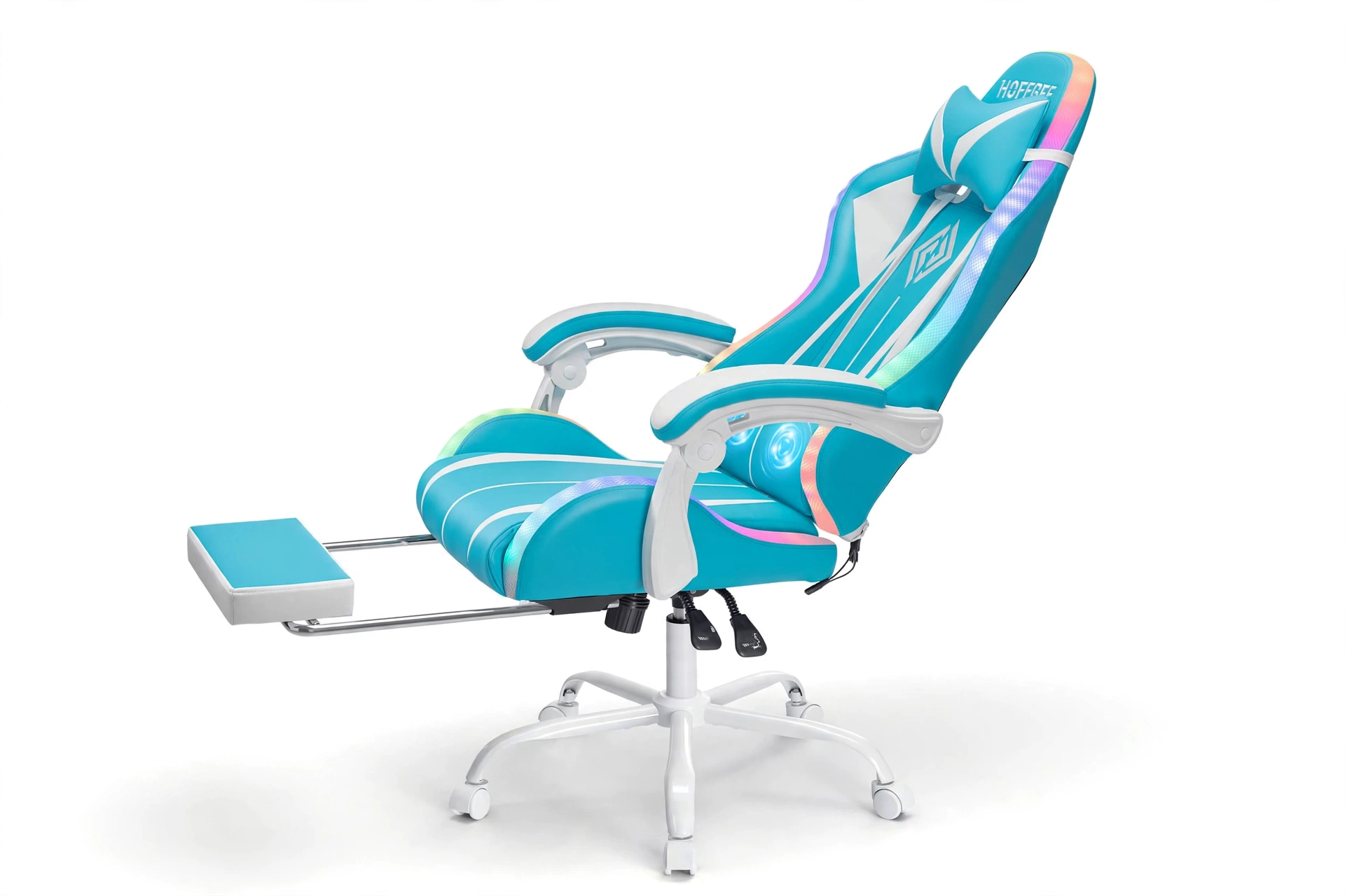 New Model 1.2 Two-Point Massage Lumbar with 135-Degree LED Light Strip 19 mrali blue white gaming chair side view