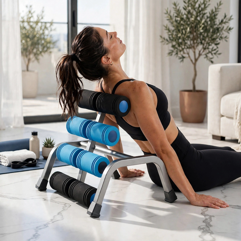1 Mini Inversion Table Iron, Red, Back Stretch Machine, Ab Trainer, Fitness Yoga Equipment, Handstand Training Machine, Total Body Workout Equipment, Stretch The Back And Neck, Christmas Gift, New Year Gift, Brand: MBB 5 A woman arching her back comfortably over the rollers of a blue color Back Stretch Machine inside a bright, sunlit living room.