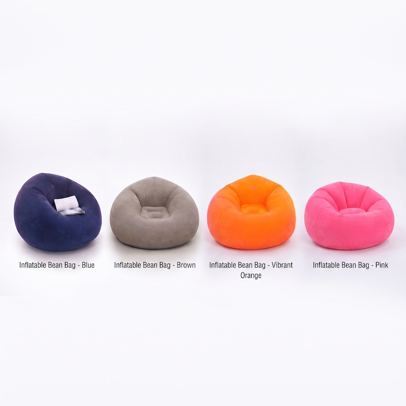 A Large Inflatable Lazy Sofa Chair, Made of PVC Bean Bag Material, Suitable for Indoor And Outdoor Seating 37 A lineup of four inflatable lazy sofa chairs in different colors (blue, brown, vibrant orange, pink) against a plain white studio background, with product labels below each one.