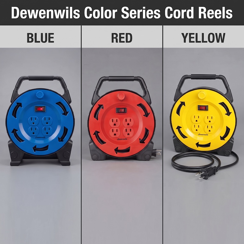A side-by-side product display of three Dewenwils Retractable Extension Cord Reels: one in blue, one in red, and one in yellow, all featuring four outlets, against a grey background.