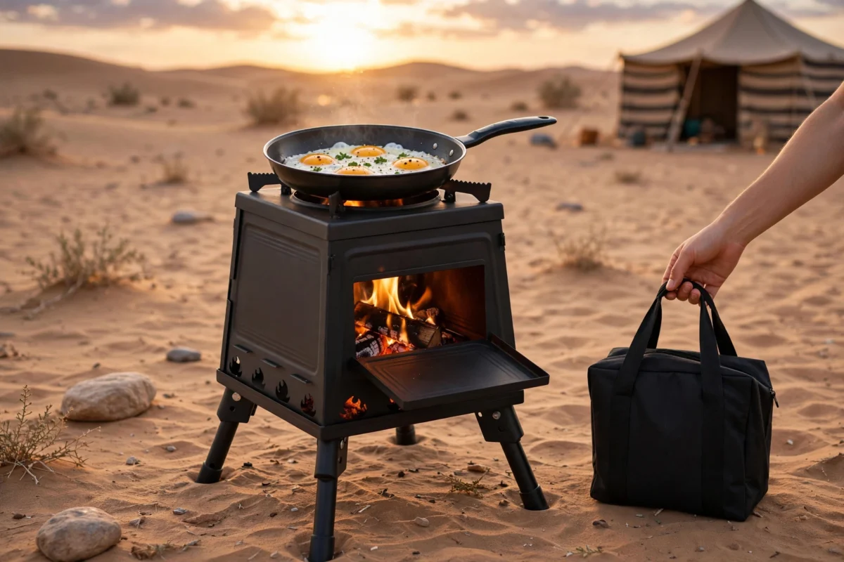 Portable Wood Burning Camp Stove - Heavy-Duty Outdoor Campfire Stove with Sturdy Legs & Air Vents, Firewood/Bonfire Compatible for Hiking, Backpacking, Picnic, BBQ, Travel - No Electricity/Flint/Magnesium Needed 4 Portable Wood Burning Camp Stove cooking breakfast in a desert camp setting with a tent and sunrise background