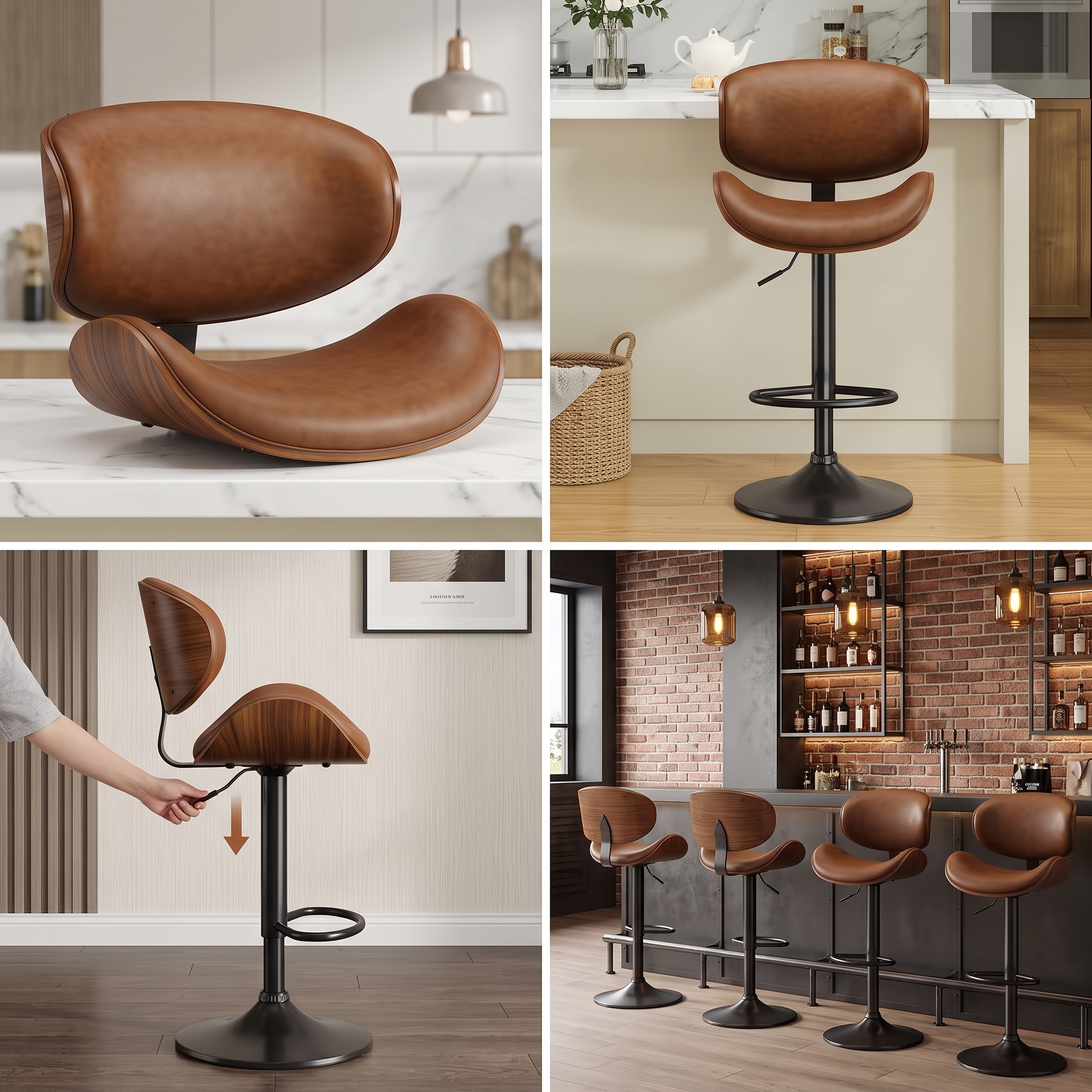 useful Swivel Bar Stools Set Of 2 Seat, Set Of 1 And 4 Seat, Adjustable Height 24.5-33.5in, Wooden Barstools PU Leather Upholstered Bar Chairs with Back & Footrest for Bar Kitchen Dining Room 6 A 4 panel presentation grid for the light brown color bar stools set of 1 and 2 seat collection showcasing a detailed close up of the scoop cushion a single stool placed against a kitchen breakfast counter a hand operating the height lift lever system and a group of four chairs arranged neatly across a brick commercial lounge bar