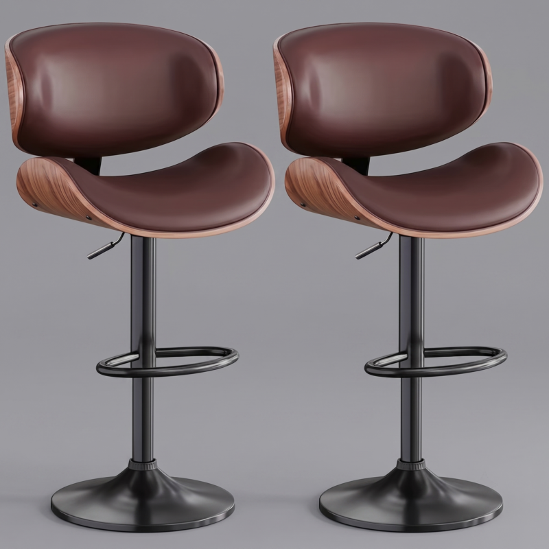 useful Swivel Bar Stools Set Of 2 Seat, Set Of 1 And 4 Seat, Adjustable Height 24.5-33.5in, Wooden Barstools PU Leather Upholstered Bar Chairs with Back & Footrest for Bar Kitchen Dining Room 8 A side by side studio display of a pair of chairs from the brown color bar stools set of 1 and 2 seat collection facing forward symmetrically to highlight the chocolate faux leather padding walnut trim and black metal bases
