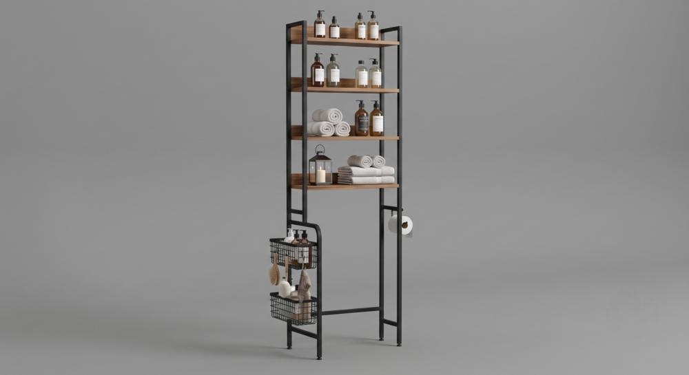 Industrial-style over-the-toilet bathroom organizer shelf in brown wood and black metal, shown against a plain grey background, stocked with towels, bottles, and a basket.