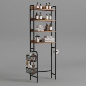 Industrial-style over-the-toilet bathroom organizer shelf in brown wood and black metal, shown against a plain grey background, stocked with towels, bottles, and a basket.
