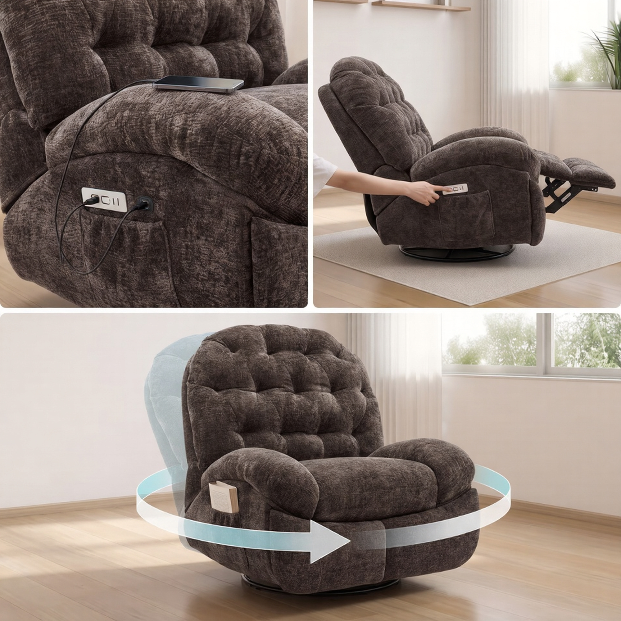 Oversized Swivel Recliner Chair, Adult Electric Recliner with USB Port And Side Pocket Storage, Comfortable Soft Shell Rocking Chair, Large Chenille Recliner Suitable for The Living Room 8 A 3-panel composite collage showcasing a brown chenille electric recliner. The panels detail a smartphone charging on the armrest near the control dock, a side view of an individual operating the electric recline buttons, and a main lower frame with a curved light-blue arrow graphic illustrating the 360-degree swivel range.