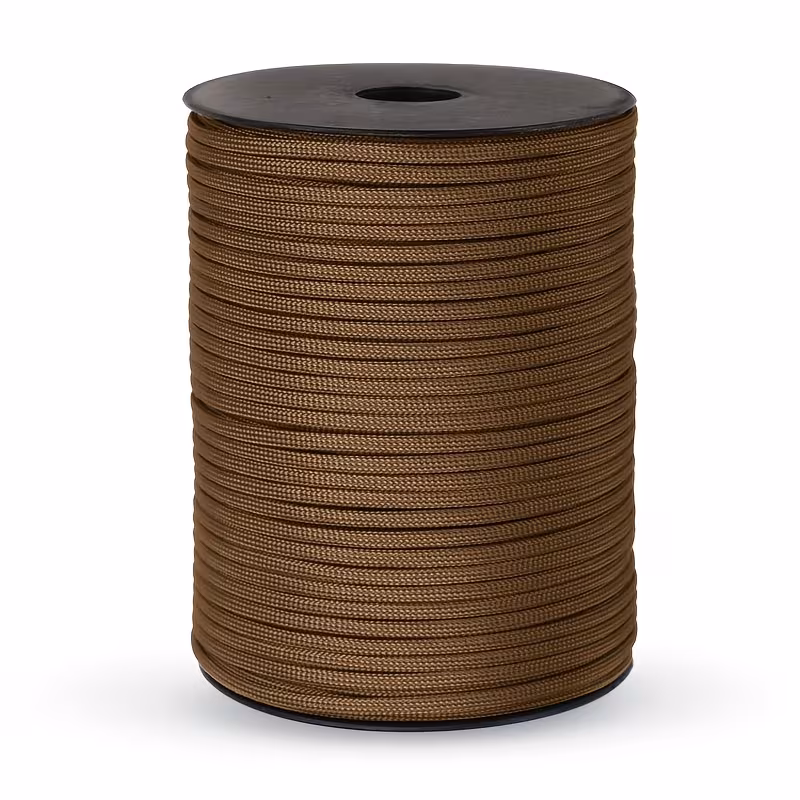 The Ultimate 164ft Roll of 9-Strand Rope 4mm: Heavy-Duty Utility Cord for Tents & Tarps 10 A high-quality product photograph of a brown color roll of 9-strand rope 4mm, wound neatly on a black plastic spool, isolated against a plain white background.