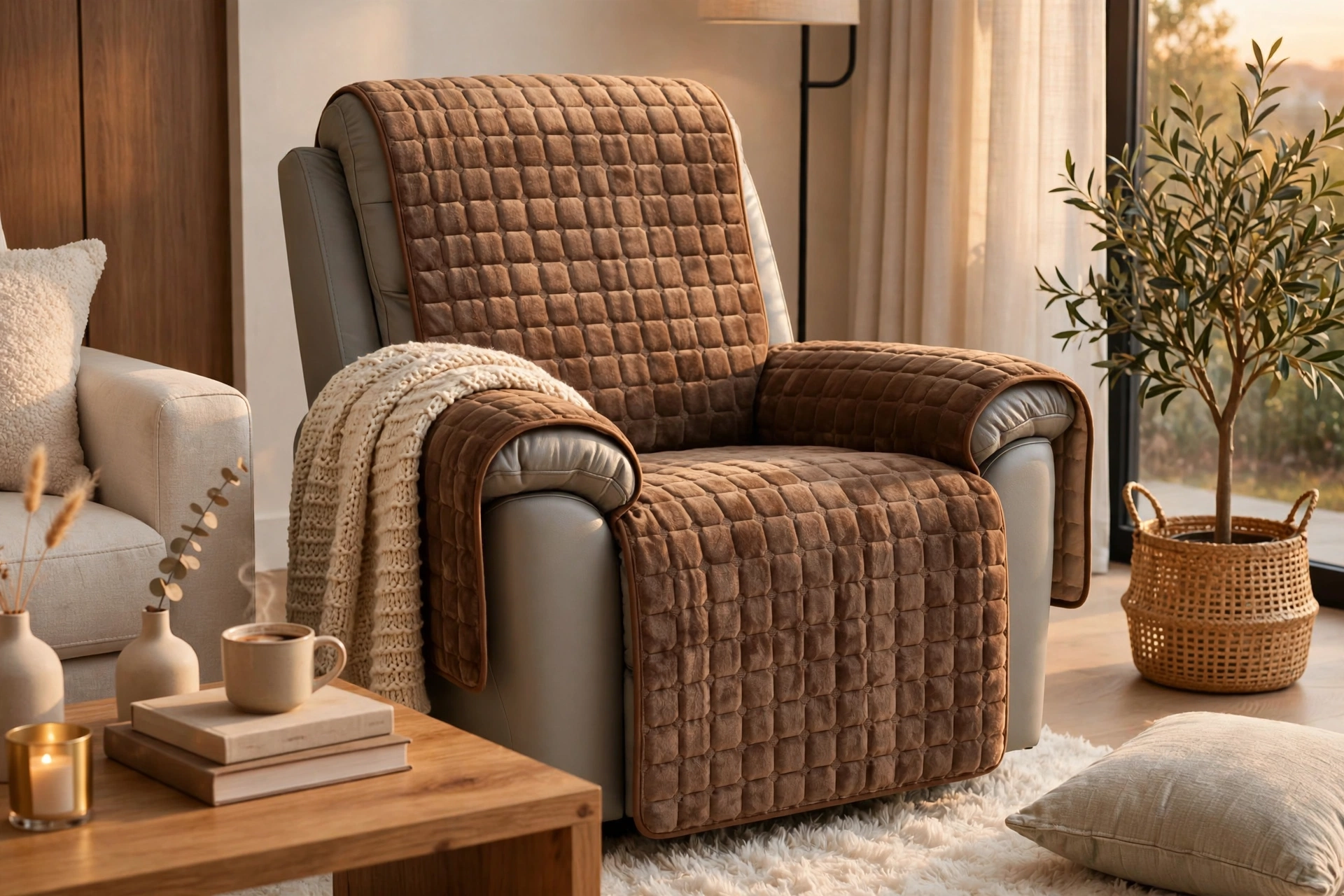 comfortable 1pc Velvet Recliner Chair Cover, Non-slip Recliner Slipcover Sofa Cover, Plush Recliner Cover, For Living Room Office Home Decor 9 Elegant living room view focusing on an armchair fitted with a brown color Velvet Recliner Chair Cover near a window and throw blanket