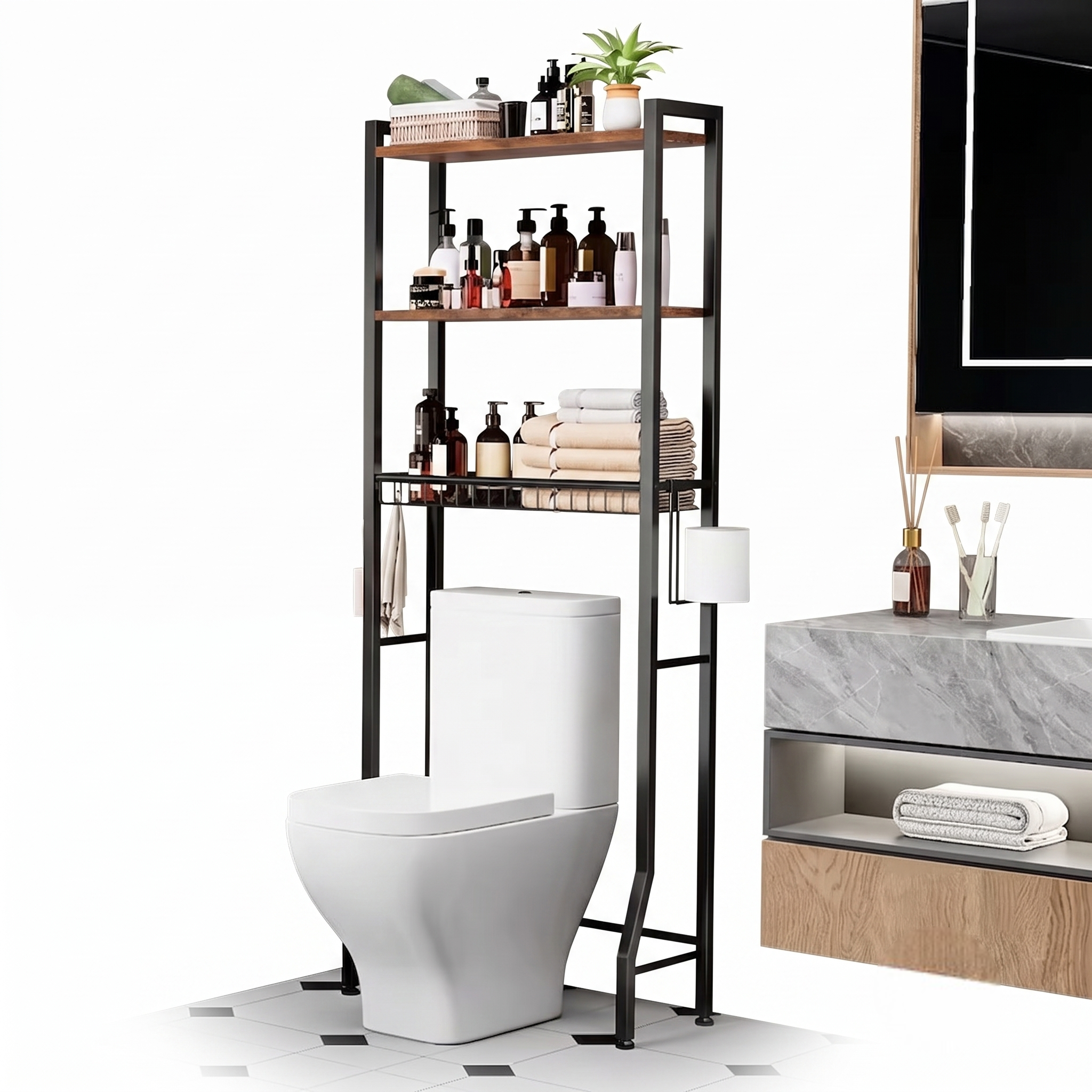 reliable 5-Tier Adjustable Over The Toilet Bathroom Organizer Shelf | Brown, Freestanding Iron Shelf with Toilet Paper Holder and 4 Hooks, Spray Paint End 6 An image collage highlighting different views and details of the 4-tier industrial brown toilet bathroom organizer shelf against a plain grey background.