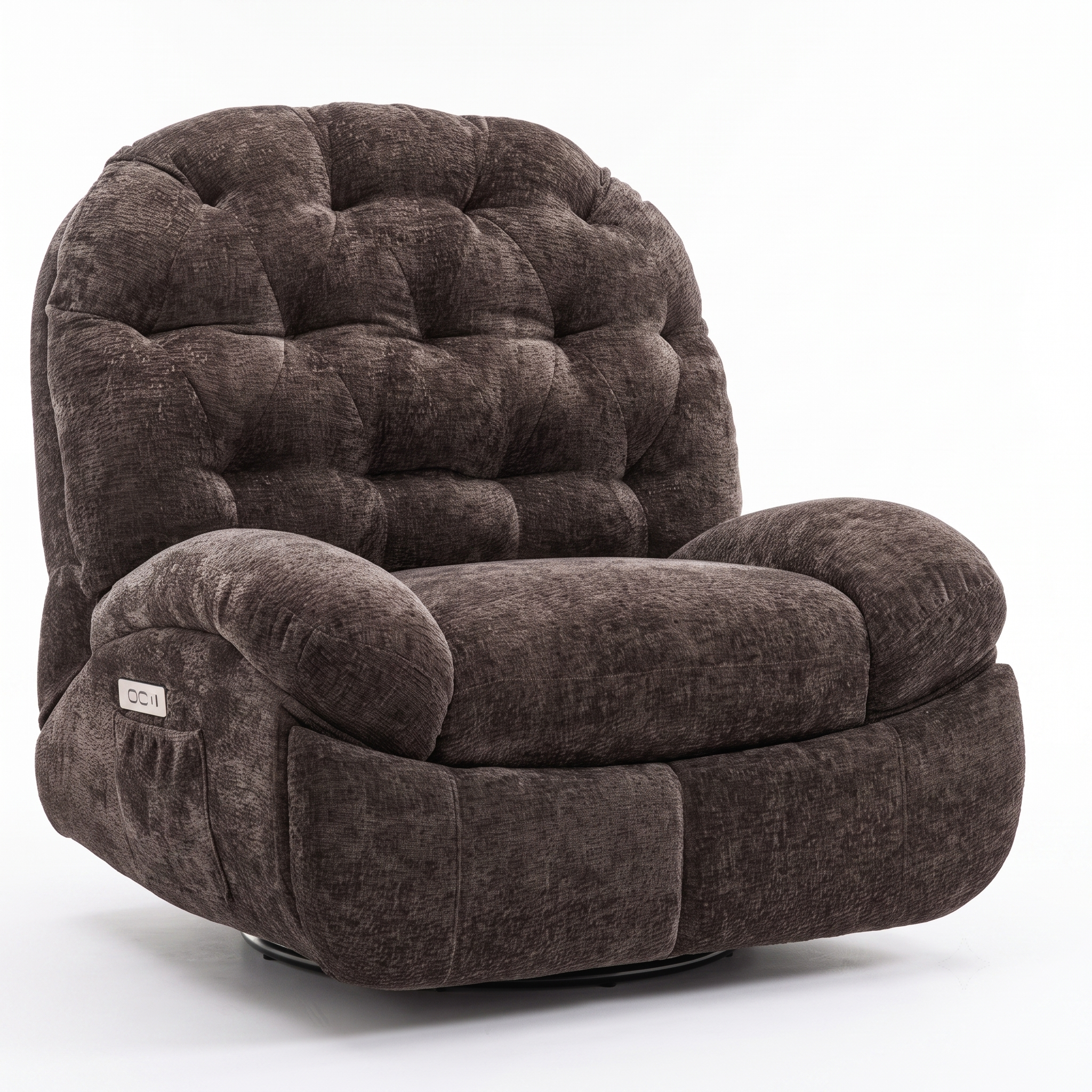 Oversized Swivel Recliner Chair, Adult Electric Recliner with USB Port And Side Pocket Storage, Comfortable Soft Shell Rocking Chair, Large Chenille Recliner Suitable for The Living Room 9 A crisp studio product photograph isolating the oversized electric swivel recliner chair in its upright position against a pure, seamless white background. The image clearly features its rich brown button-tufted chenille fabric, extra-padded armrests, and clean profile lines.