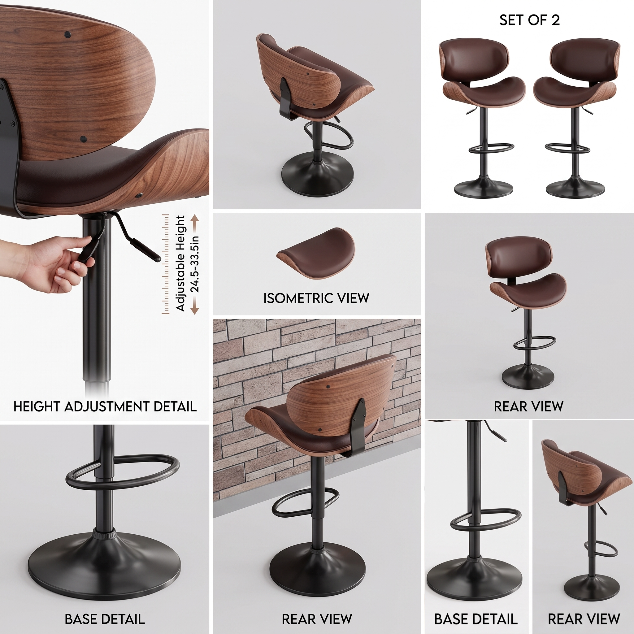 useful Swivel Bar Stools Set Of 2 Seat, Set Of 1 And 4 Seat, Adjustable Height 24.5-33.5in, Wooden Barstools PU Leather Upholstered Bar Chairs with Back & Footrest for Bar Kitchen Dining Room 9 A multi panel asset grid for the brown color bar stools set of 1 and 2 seat catalog showing height adjustment lever details a rear view of the wooden back isometric seating angles a twin package preview and trumpet base features