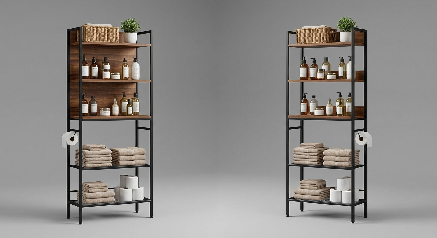 reliable 5-Tier Adjustable Over The Toilet Bathroom Organizer Shelf | Brown, Freestanding Iron Shelf with Toilet Paper Holder and 4 Hooks, Spray Paint End 9 Studio shots of the industrial brown toilet bathroom organizer shelf and an identical 4-tier shelf on a plain grey background, illustrating its versatile placement possibilities.