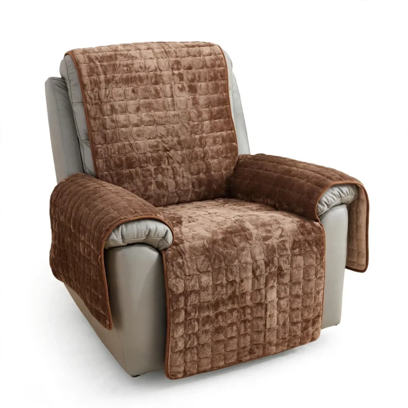 comfortable 1pc Velvet Recliner Chair Cover, Non-slip Recliner Slipcover Sofa Cover, Plush Recliner Cover, For Living Room Office Home Decor 2 Studio shot of a grey recliner fully protected by a quilted brown color Velvet Recliner Chair Cover against a white background