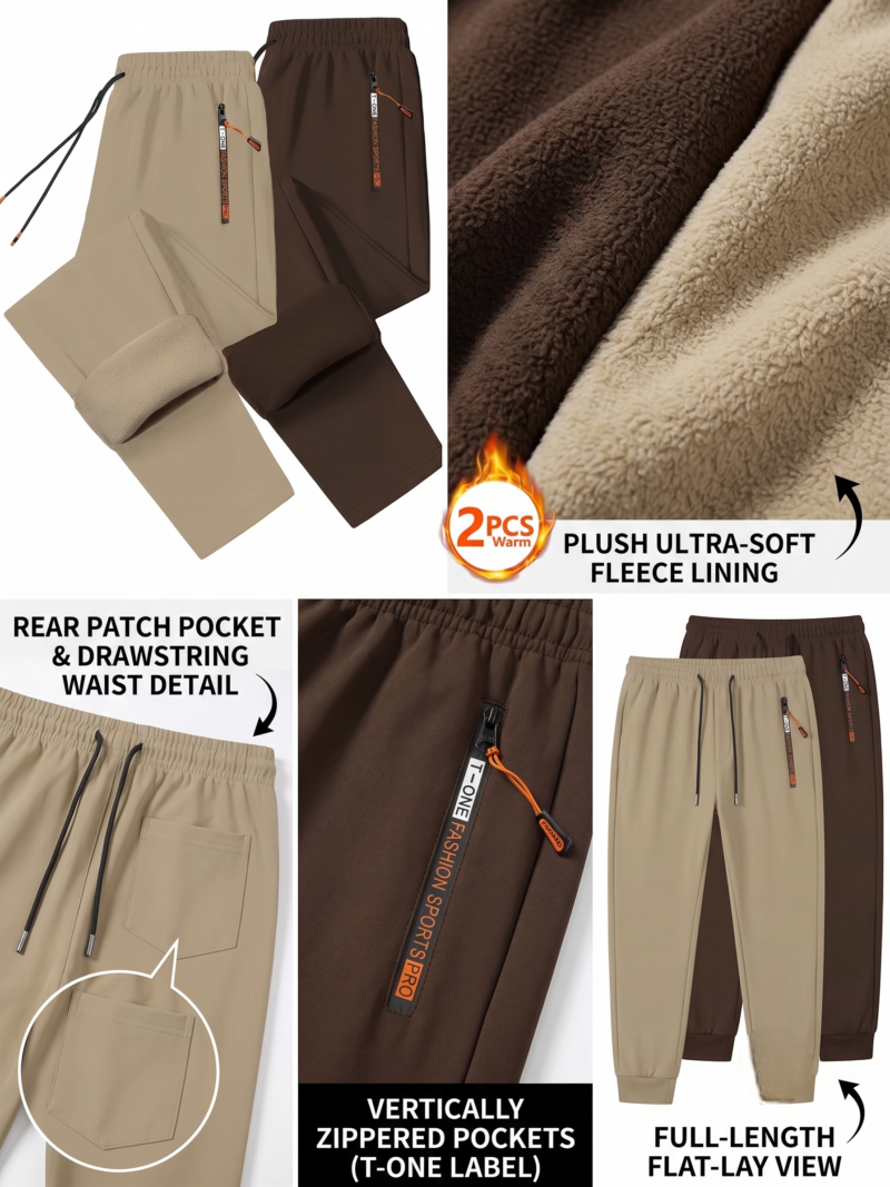 comfortable 2pcs Men's Winter Warm Fleece Sweatpants with Zipper Pockets Casual Trousers Track Pants Drawstring Waist for Running Workout Gym Outdoors for Fall Winter 15 An e-commerce product feature infographic display on a white background highlighting a two-piece set of Men’s Winter Warm Fleece Sweatpants in brown and khaki. The layout contains five rectangular sections with label text and pointers: a folded group layout showing the contrasting inner fleece linings, a macro texture close-up labeled Plush Ultra-Soft Fleece Lining with a 2 PCS Warm fire emblem