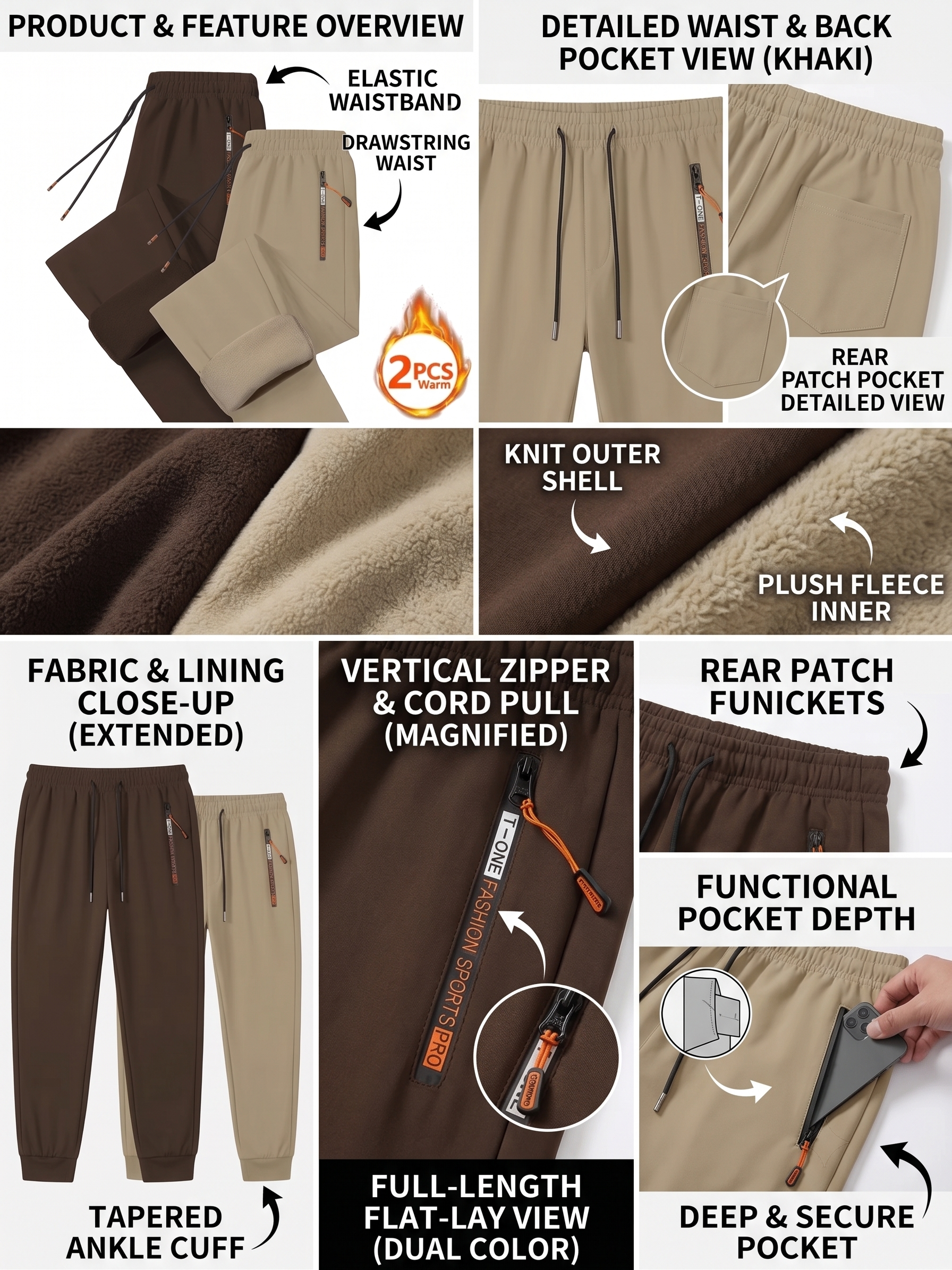 comfortable 2pcs Men's Winter Warm Fleece Sweatpants with Zipper Pockets Casual Trousers Track Pants Drawstring Waist for Running Workout Gym Outdoors for Fall Winter 26 An e-commerce catalog layout displaying multiple views and detailed panels of Men’s Winter Warm Fleece Track Pants in brown and khaki over a white background. The composition includes eight separate blocks detailing the elastic waistband, a close-up texture comparison labeled Knit Outer Shell and Plush Fleece Inner, a front profile overview, an isolated zipper detail shot with an orange pull tab, a