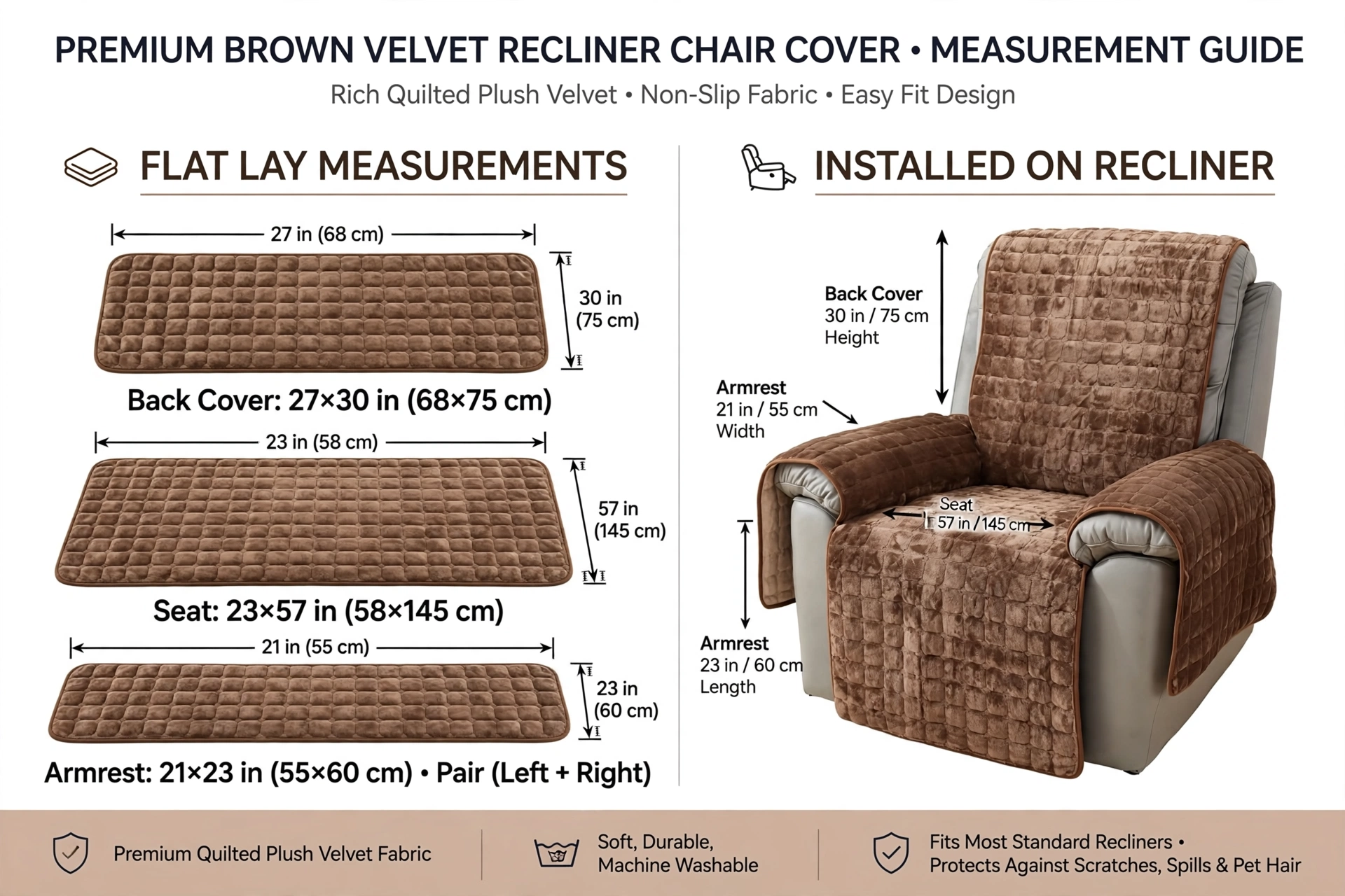 comfortable 1pc Velvet Recliner Chair Cover, Non-slip Recliner Slipcover Sofa Cover, Plush Recliner Cover, For Living Room Office Home Decor 14 Detailed measurement infographic showing dimensions of the back, seat, and armrests for the brown color Velvet Recliner Chair Cover