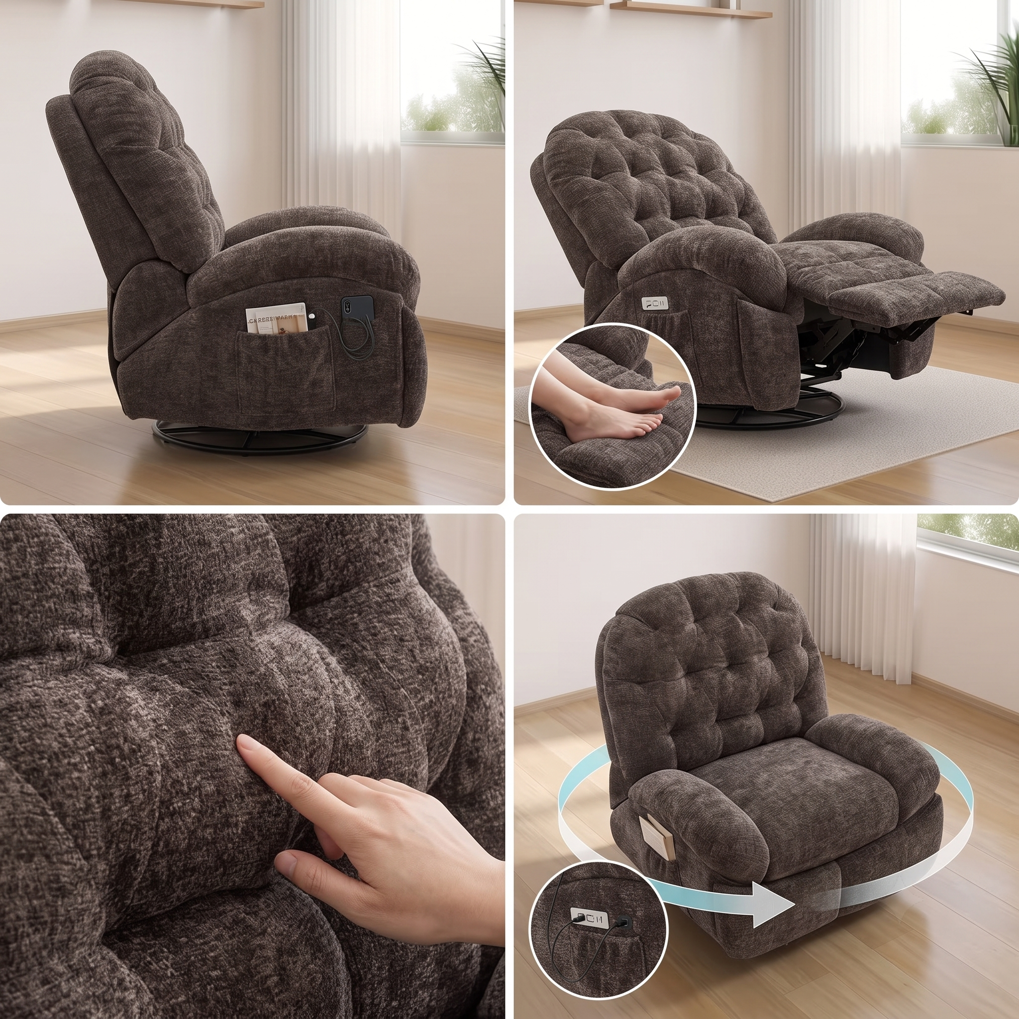 Oversized Swivel Recliner Chair, Adult Electric Recliner with USB Port And Side Pocket Storage, Comfortable Soft Shell Rocking Chair, Large Chenille Recliner Suitable for The Living Room 10 A 4-panel product features collage displaying a brown chenille power recliner. The frames highlight a side-profile view showing reading materials in the storage pocket, a deep recline angle with a circular inset focusing on resting feet, a hand pressing into the soft tufted material to demonstrate fabric resilience, and an overhead angle showing rotation arrows.