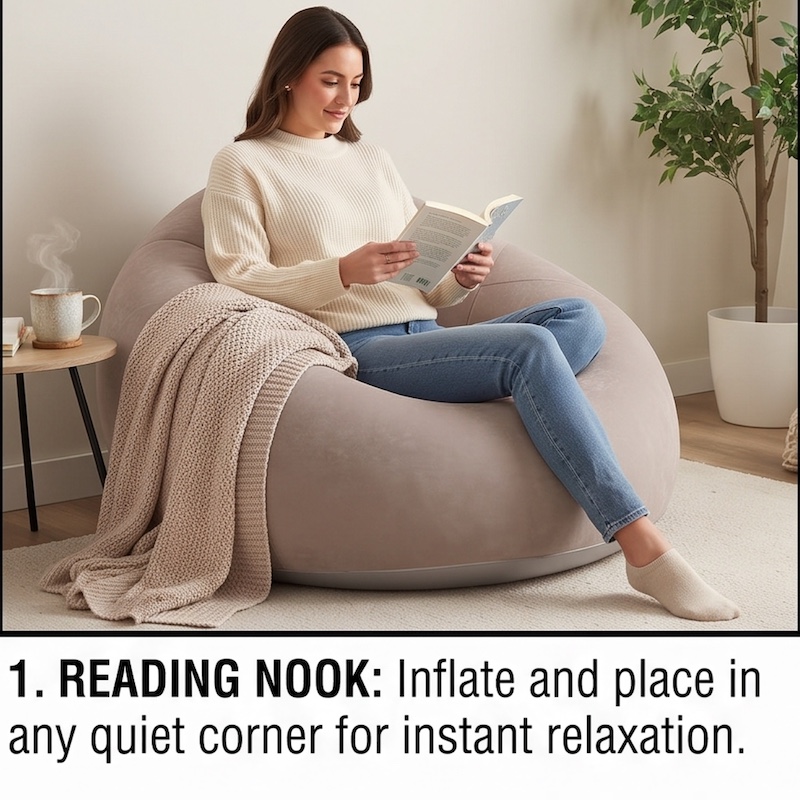 A Large Inflatable Lazy Sofa Chair, Made of PVC Bean Bag Material, Suitable for Indoor And Outdoor Seating 6 A woman in a white sweater and jeans sits comfortably reading a book in a large, brown color Inflatable Lazy Sofa Chair within a bright living room.