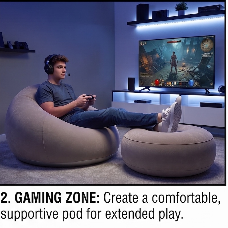 A Large Inflatable Lazy Sofa Chair, Made of PVC Bean Bag Material, Suitable for Indoor And Outdoor Seating 43 A young man wearing a headset sits in a supportive brown color Inflatable Lazy Sofa Chair, playing a video game on a large TV.