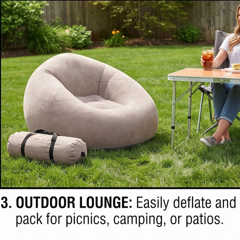 A Large Inflatable Lazy Sofa Chair, Made of PVC Bean Bag Material, Suitable for Indoor And Outdoor Seating 7 A person relaxes on a lush green lawn next to a brown color Inflatable Lazy Sofa Chair and its compact carry bag, with a small outdoor table nearby.
