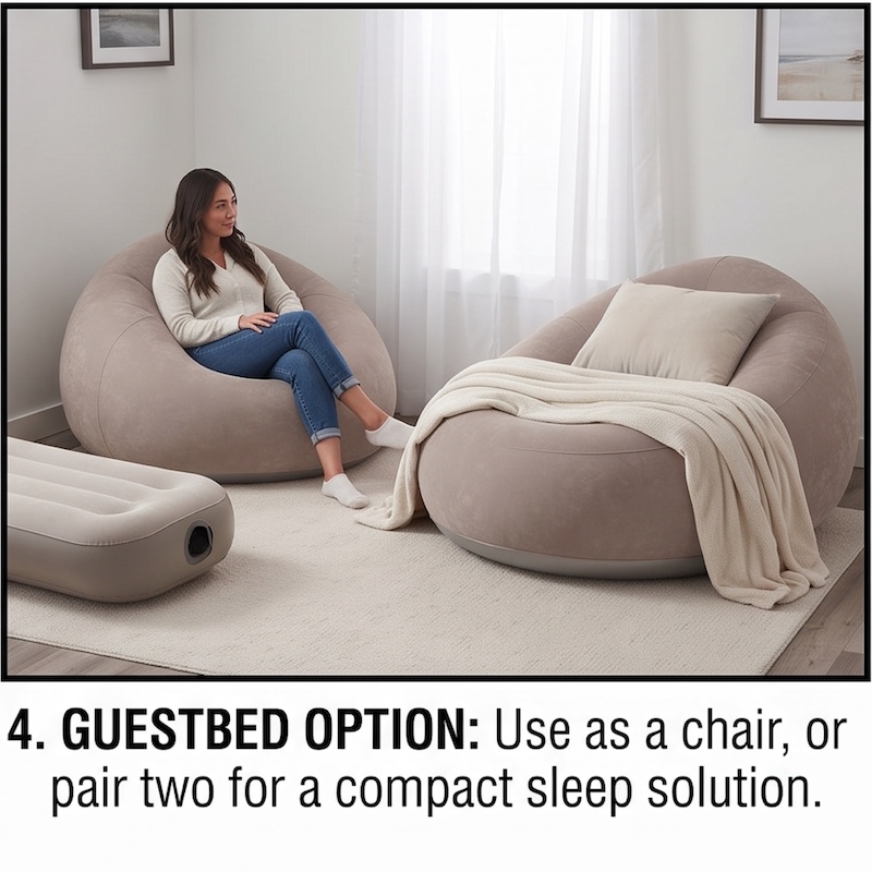 A Large Inflatable Lazy Sofa Chair, Made of PVC Bean Bag Material, Suitable for Indoor And Outdoor Seating 8 A woman sits on one brown color Inflatable Lazy Sofa Chair in a guest room, with a second, identical chair nearby paired with a pillow and blanket, suggesting a bed option.