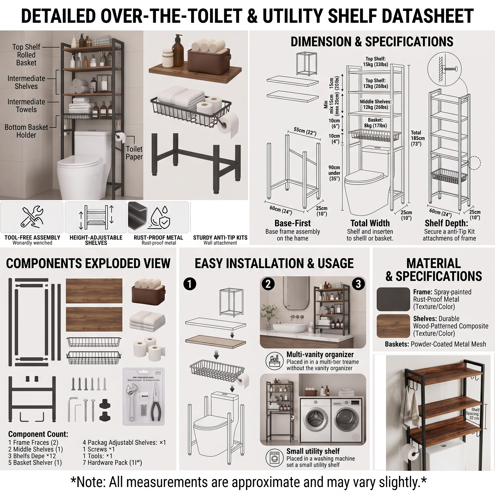 reliable 5-Tier Adjustable Over The Toilet Bathroom Organizer Shelf | Brown, Freestanding Iron Shelf with Toilet Paper Holder and 4 Hooks, Spray Paint End 8 A collage presenting four detailed close-ups of the industrial brown toilet bathroom organizer shelf in a bathroom setting, showcasing specific features.