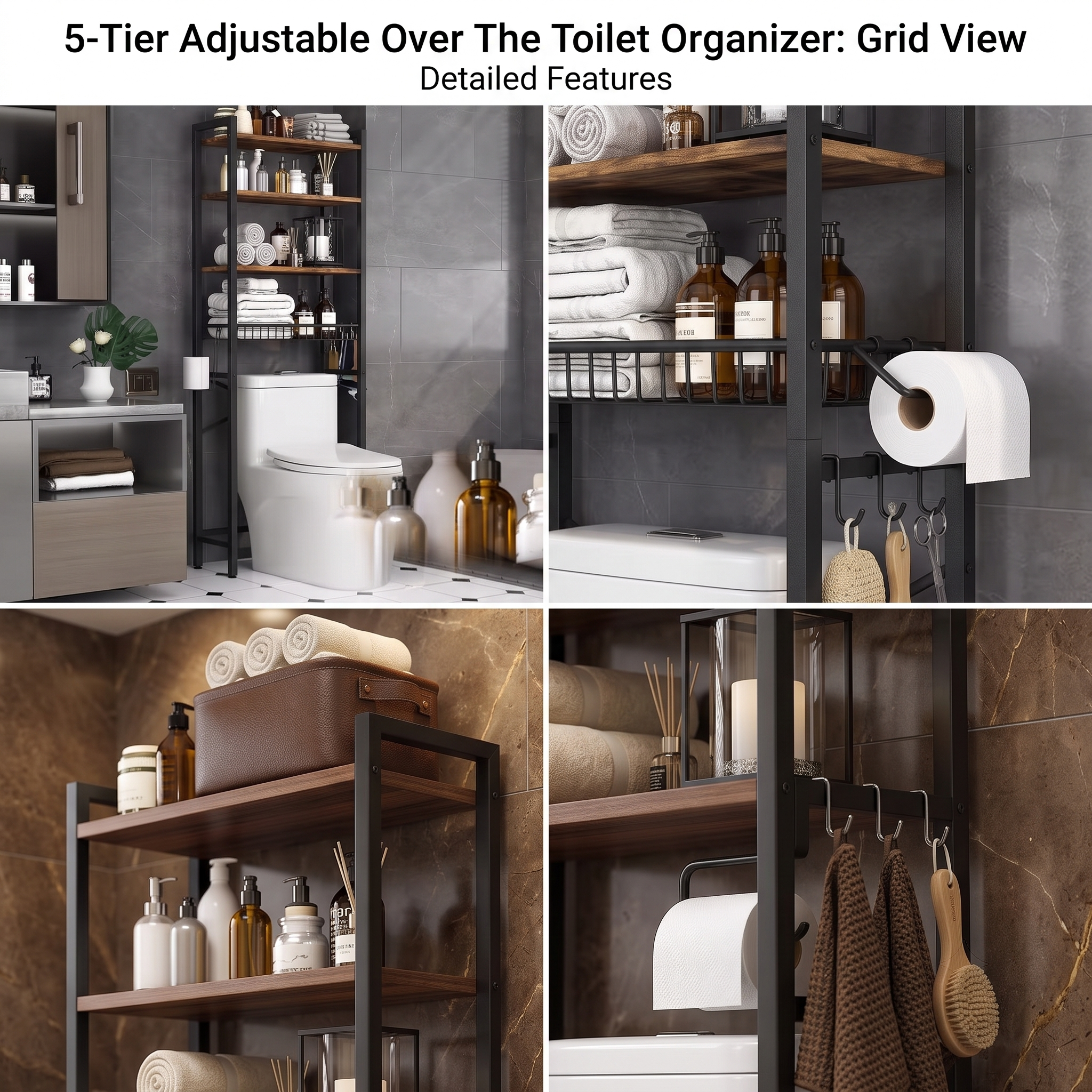 reliable 5-Tier Adjustable Over The Toilet Bathroom Organizer Shelf | Brown, Freestanding Iron Shelf with Toilet Paper Holder and 4 Hooks, Spray Paint End 5 A visual data sheet for a detailed over-the-toilet and utility shelf, displaying components, installation steps, dimensions, and specifications.
