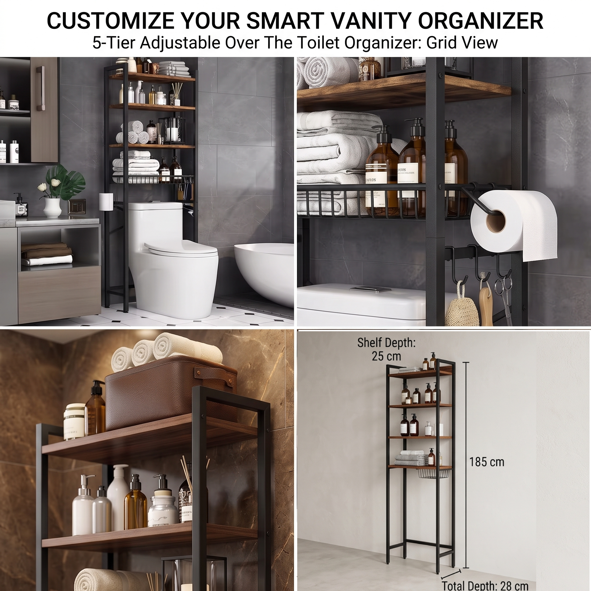 reliable 5-Tier Adjustable Over The Toilet Bathroom Organizer Shelf | Brown, Freestanding Iron Shelf with Toilet Paper Holder and 4 Hooks, Spray Paint End 10 A visual data sheet detailing the customizable features and key specifications of a smart vanity organizer and 5-tier adjustable over-the-toilet organizer.