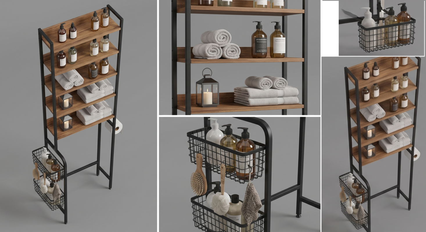 reliable 5-Tier Adjustable Over The Toilet Bathroom Organizer Shelf | Brown, Freestanding Iron Shelf with Toilet Paper Holder and 4 Hooks, Spray Paint End 3 High-resolution product images of the industrial brown 5-tier over-the-toilet shelf unit and a similar 4-tier unit against a white background, demonstrating versatility.