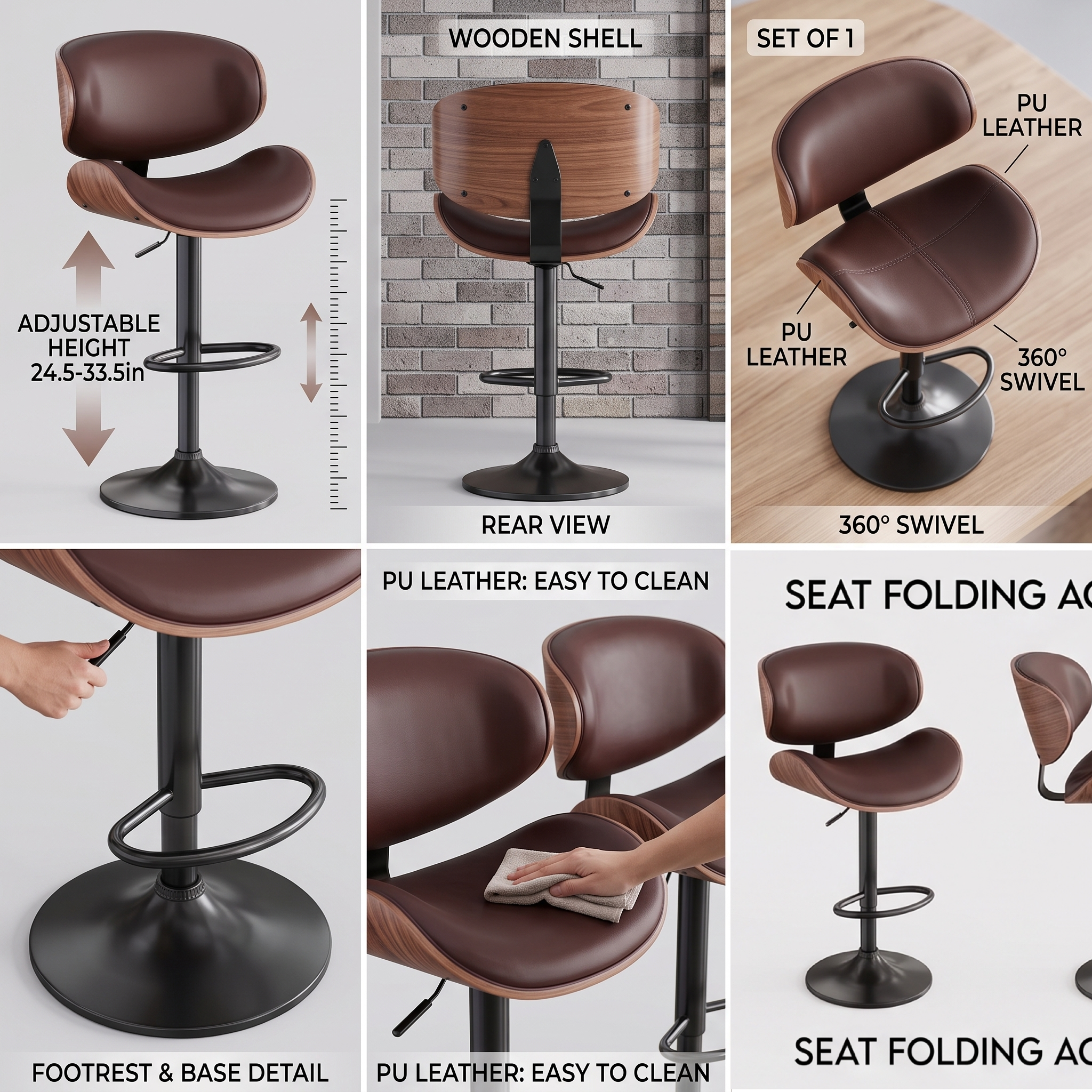 useful Swivel Bar Stools Set Of 2 Seat, Set Of 1 And 4 Seat, Adjustable Height 24.5-33.5in, Wooden Barstools PU Leather Upholstered Bar Chairs with Back & Footrest for Bar Kitchen Dining Room 29 A 6 panel feature infographic for the brown color bar stools set of 1 and 2 seat line detailing the 24.5 to 33.5 inch adjustable height range the walnut wooden shell backrest the 360 degree swivel function footrest details a hand wiping the easy to clean PU leather cushion and seat folding details