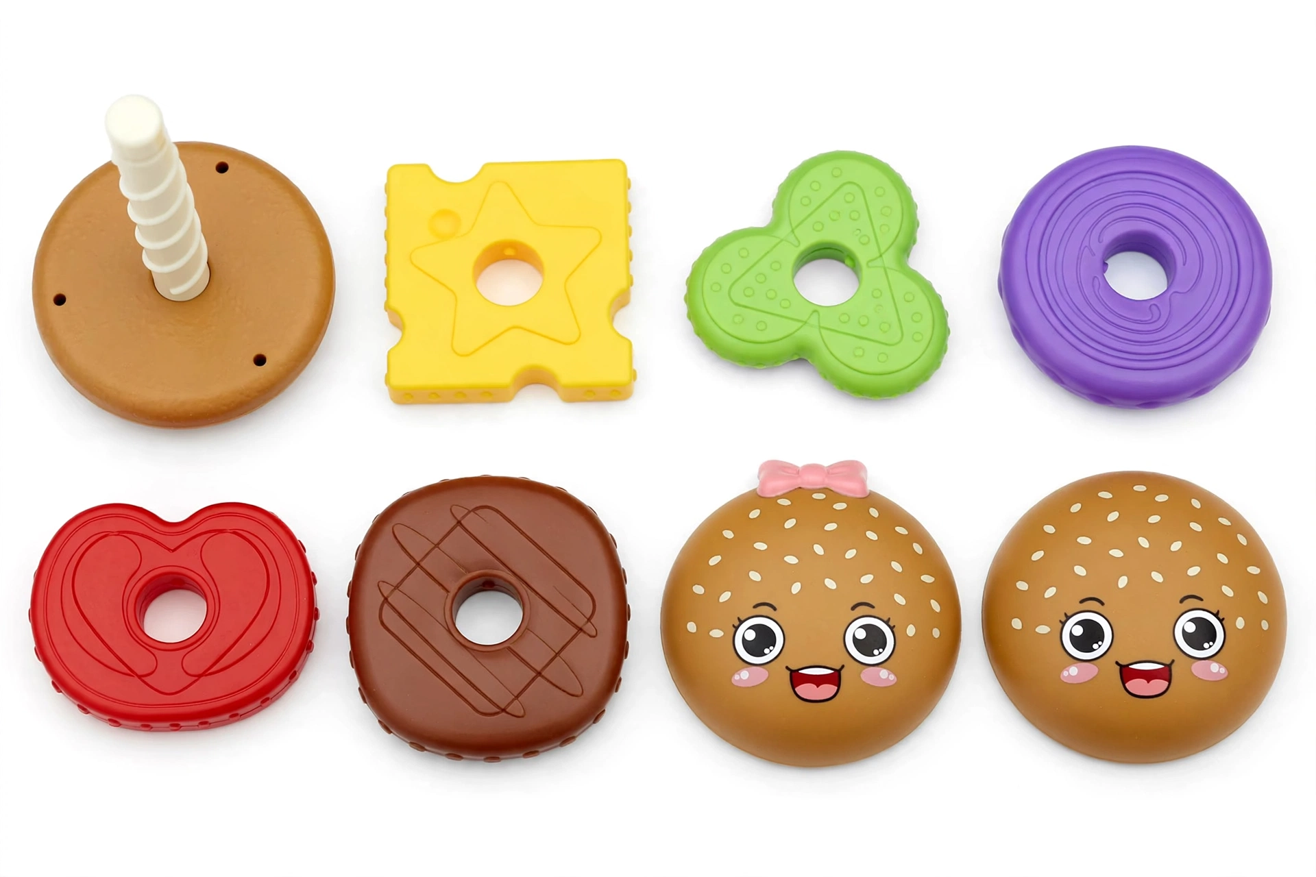 Stacking Burger Shape Toy, Multi-Color Recognition, Hand-Eye Coordination and Rotation Educational Puzzle, Perfect Gift for Boys and Girls on Birthdays, Christmas, or Halloween 4 The fully assembled Stacking Burger Shape Toy tower featuring a cute smiling face on top, colorful layers, and a stable base.