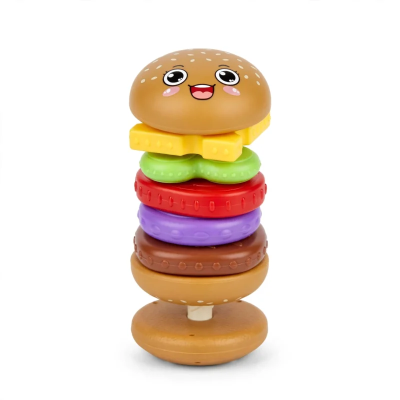 Stacking Burger Shape Toy, Multi-Color Recognition, Hand-Eye Coordination and Rotation Educational Puzzle, Perfect Gift for Boys and Girls on Birthdays, Christmas, or Halloween 2 Educational infographic for the Stacking Burger Shape Toy detailing each layer name, color, shape, and key learning benefits.