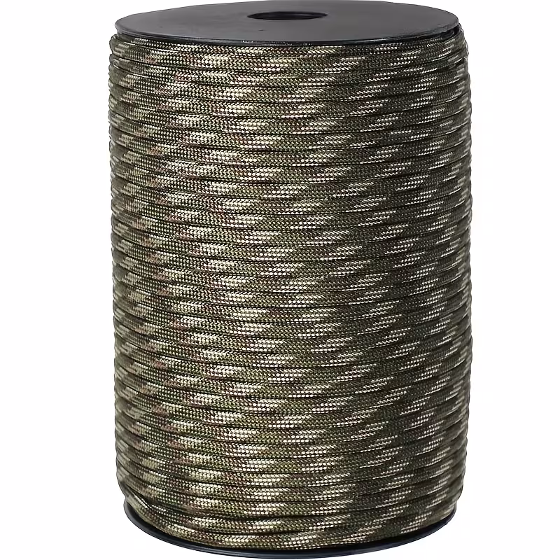 The Ultimate 164ft Roll of 9-Strand Rope 4mm: Heavy-Duty Utility Cord for Tents & Tarps 9 A high-quality product photograph of a large, full camouflage color roll of 9-strand rope 4mm, wound neatly on a black plastic spool and isolated against a plain white background.