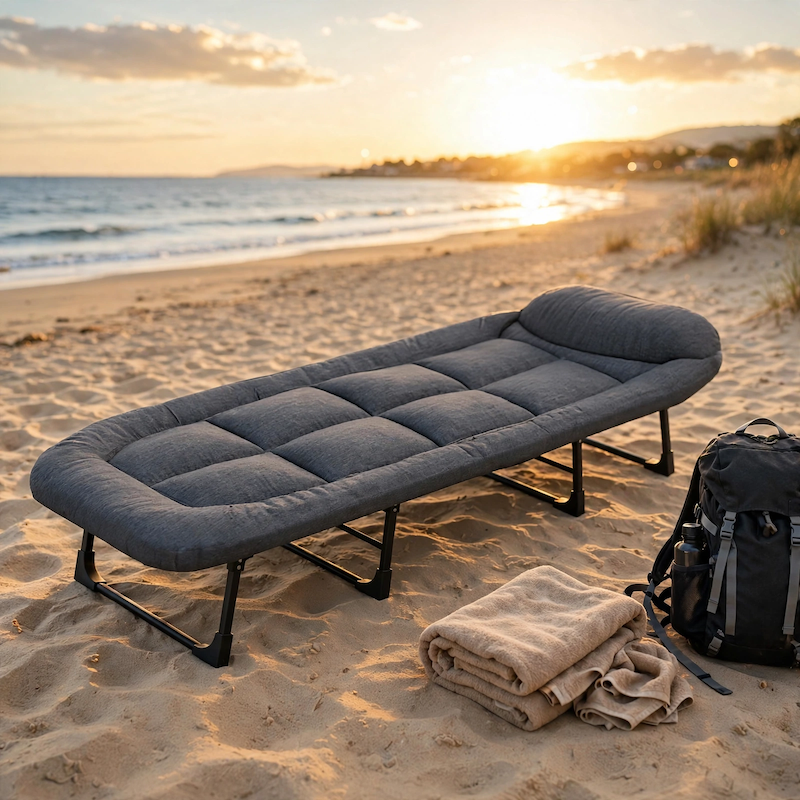 550 Lbs Weight Capacity Patio Party Resting Folding Camping Bed, 70.87inch Adjustable Folding Deck Chair, Perfect for Adults, Travel, Beach And Camping Adventures, Easy to Carry 2 An Adjustable Folding Deck Chair set up on a sandy beach during a beautiful sunset with a backpack and blanket nearby.