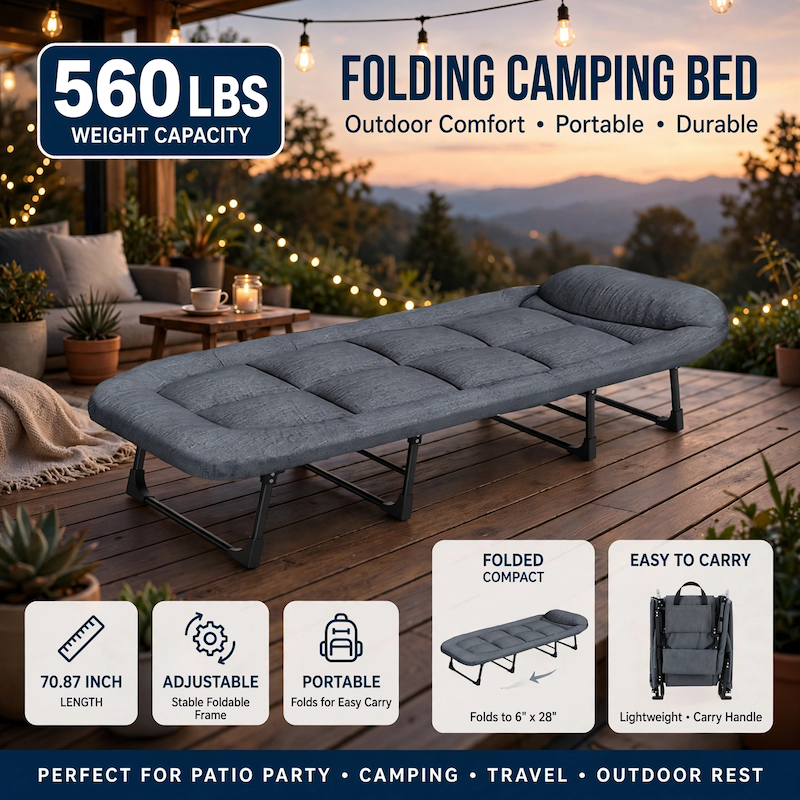 550 Lbs Weight Capacity Patio Party Resting Folding Camping Bed, 70.87inch Adjustable Folding Deck Chair, Perfect for Adults, Travel, Beach And Camping Adventures, Easy to Carry 3 An Adjustable Folding Deck Chair displayed on an outdoor wooden deck with string lights and mountain views in the background.