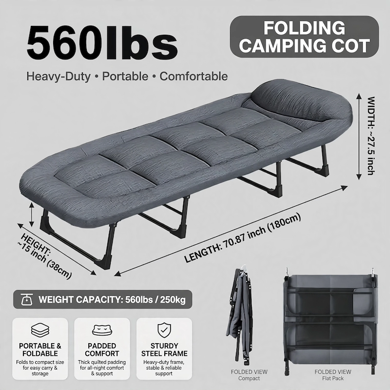 550 Lbs Weight Capacity Patio Party Resting Folding Camping Bed, 70.87inch Adjustable Folding Deck Chair, Perfect for Adults, Travel, Beach And Camping Adventures, Easy to Carry 8 Infographic displaying dimensions, weight capacity, and folding features of the Adjustable Folding Deck Chair.