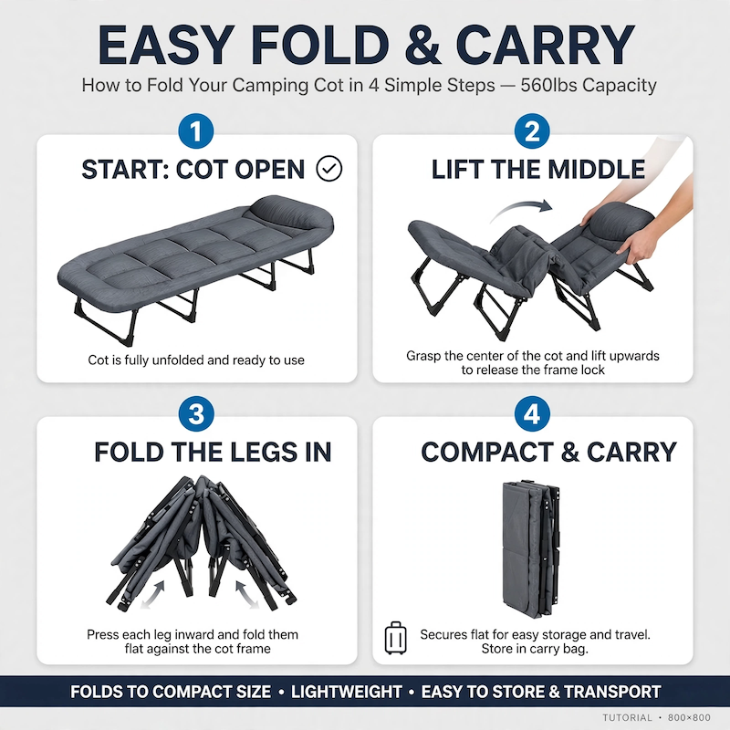 550 Lbs Weight Capacity Patio Party Resting Folding Camping Bed, 70.87inch Adjustable Folding Deck Chair, Perfect for Adults, Travel, Beach And Camping Adventures, Easy to Carry 9 Step-by-step tutorial graphic showing 4 simple steps to fold and carry the Adjustable Folding Deck Chair.