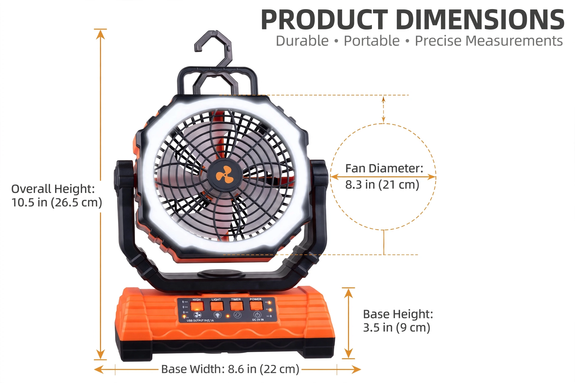 practical Cold Air Battery Powered Fan with 4LED Lantern, 20000mAh Dual Motor Camping Fan, 4-Speed Adjustable Desktop Fan with Hook, Remote Control Portable Outdoor Fan Suitable for Tents, Power Outages and Construction Sites 11 Diagram showing dimensions for the Cold Air Battery Powered Fan including height, base width, and fan diameter.